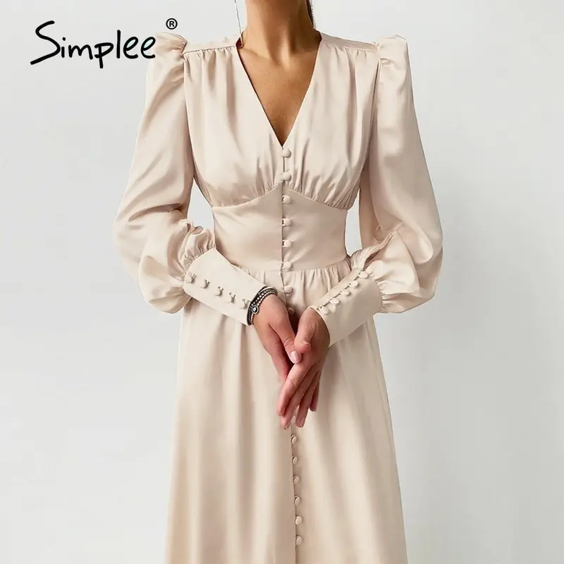 A-Line Dress V-Neck Spring Bishop-Sleeve Satin Simplee Chic Elegant Vintage High-Waist