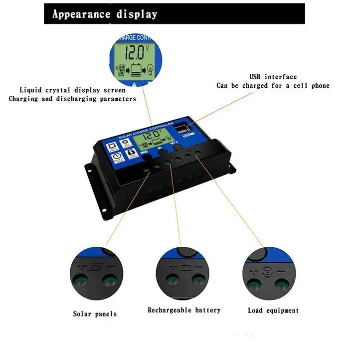 Солнечный контроллер 24 В солнечная панель контроллер зарядки USB 186g зарядка мобильного телефона 10A, 20A, 30A