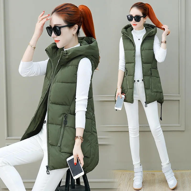 

Autumn And Winter New Style Cotton Vest Women's Korean-style Slim Fit Hooded Warm Mid-length Cotton Vest Slimming Vest Waistcoat