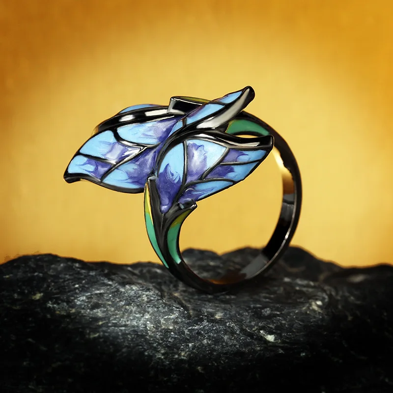 Women Jewelry Unique Shape Blue Butterfly Enamel Ring Elegant Party Handmade