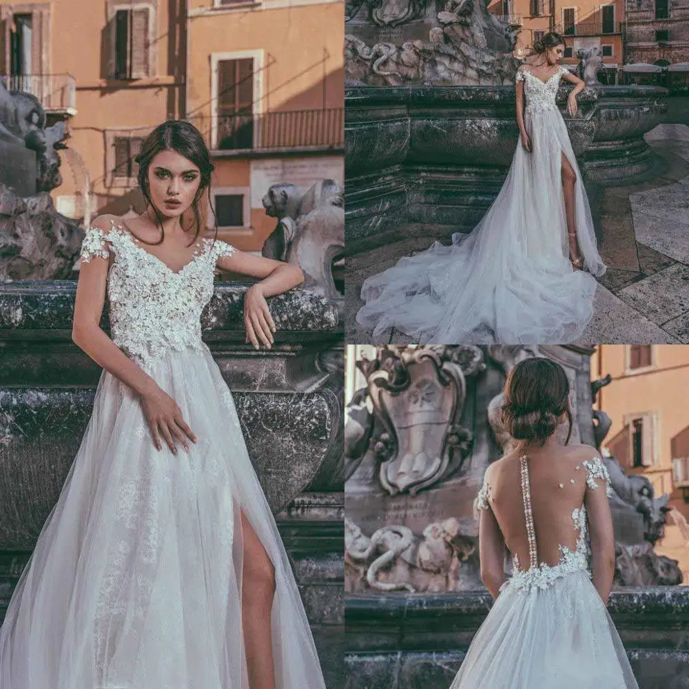 2020 Beach Wedding Dresses Sheer Neck Short Sleeve Lace Applique Bridal Gowns Side Split Brides Dress Vestido De Novia | Свадьбы и