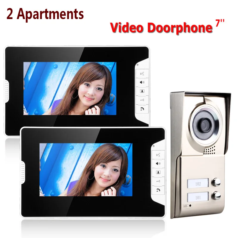 7inch LCD 2 Apartments Video Door Phone Intercom System IR-CUT HD 1000TVL Camera Doorbell Camera with 2 button 2 Monitor