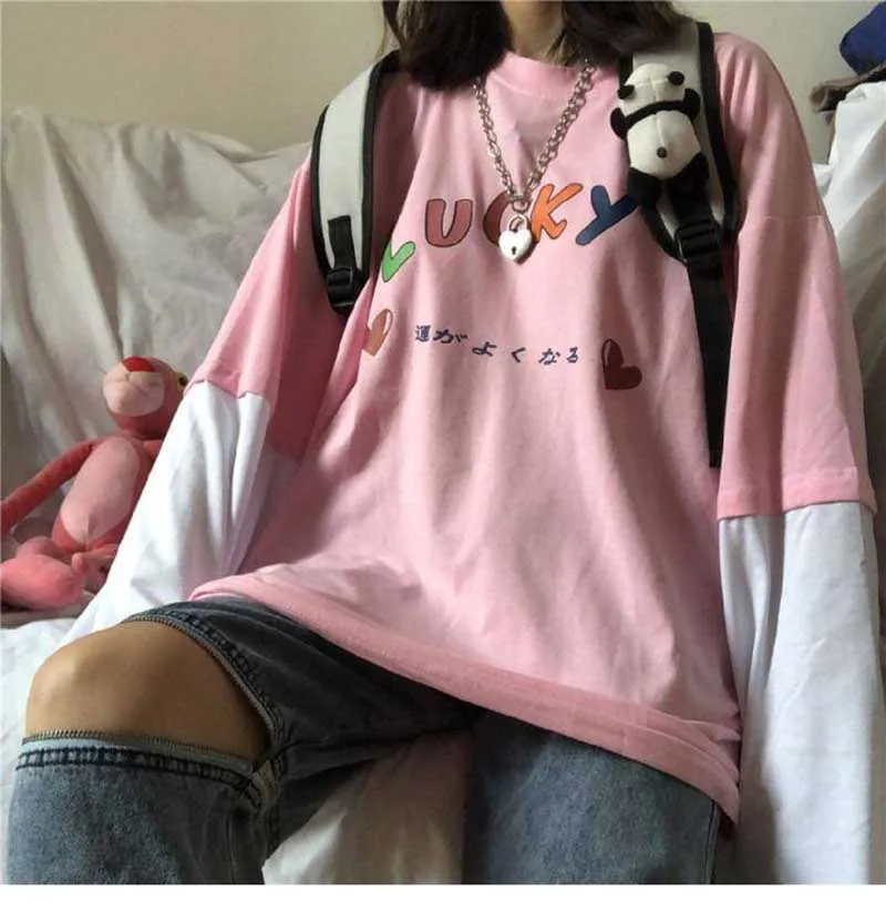 Лоскутное контрастное с длинным рукавом графическое японское письмо любовь милый Принт Kawaii свободная футболка Женская Корейская Студенческая розовая