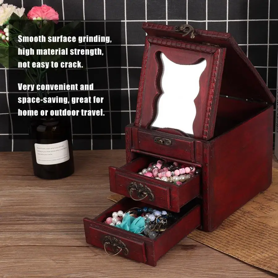 2019 Vintage Wooden Jewelry Box Container Rings Earrings Necklace