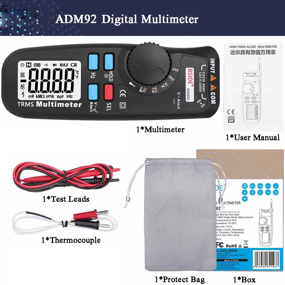 ADM92 (LCD Display) Многофункциональный цифровой мультиметр BSIDE ADM92CL цветной ЖК-дисплей Multimetro Автоматический диапазон True RMS Temp Тестер Вольтметр Ampermetr - Цвет: ADM92 (LCD Display)
