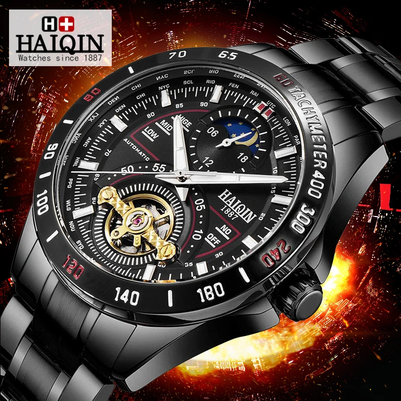 

Mechanical HAIQIN Mens Watches Top Brand Luxury Military Sports Wristwatch Multi-Functional Moon Phase Clock relogio masculino
