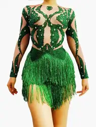 Green Rhinestone Fringe Spandex Bodysuit Latin Birthday Celebrate Long Sleeves Outfit Bodysuit Women Dancer Singer Show Wear