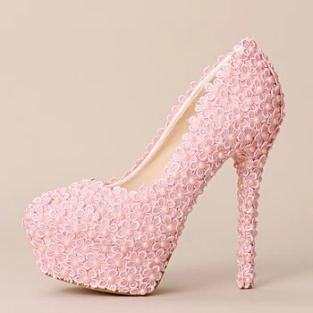 

Luxury Sweet Handmade Ultra High Heel Bridal Shoes Women Fashion Pumps Formal Dress Shoes Pink Lace Flower Wedding Shoes