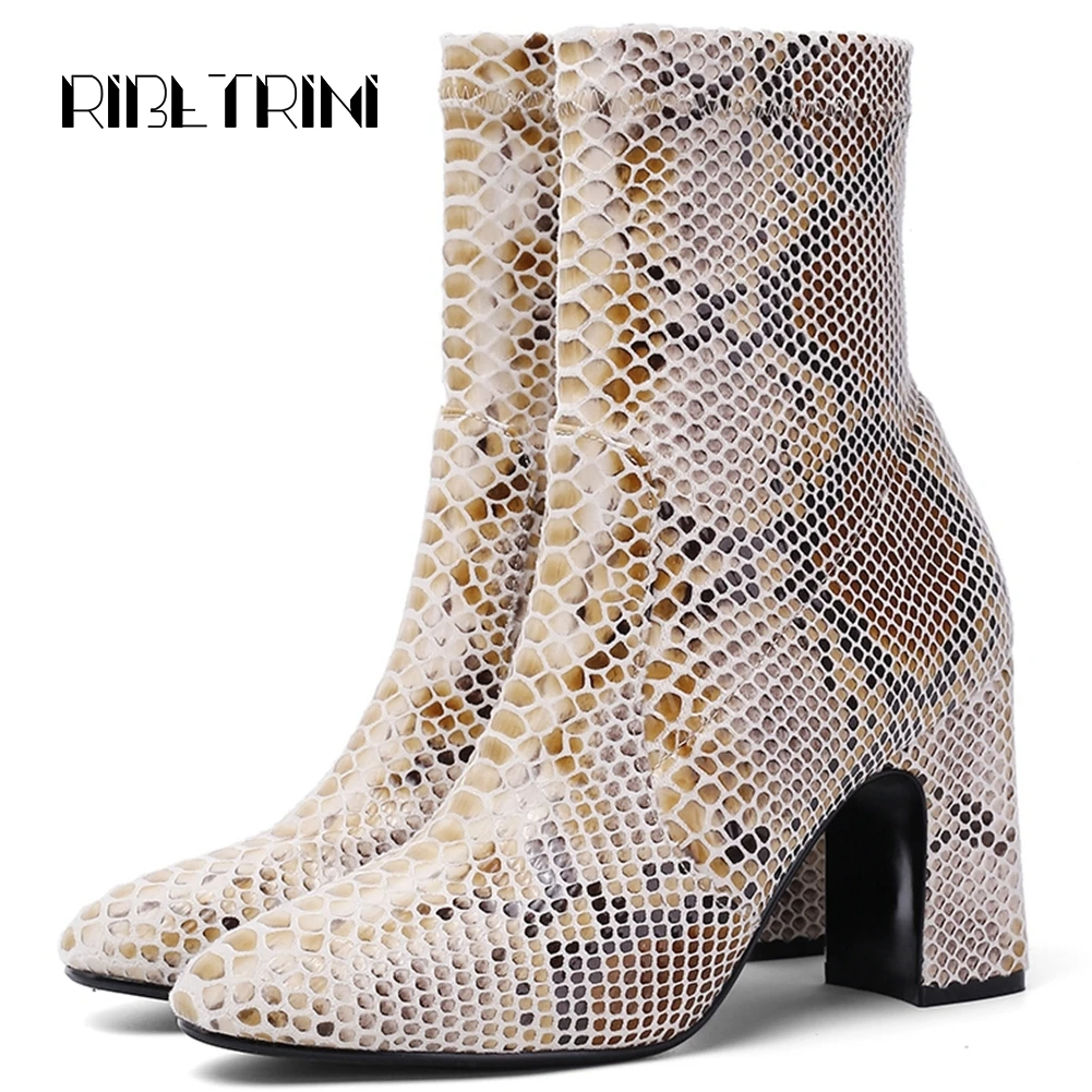 

RIBETRINI Sexy Snakeskin Print Square High Heels Square Toe Less Platform Rubber Sole High Top Ankle Boots Autumn Shoes