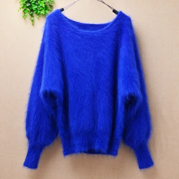 

High quality rabbit fur made sweaters Loose solid lantern sleeves Mink cashmere knitted pullover warm soft winter bases clothing