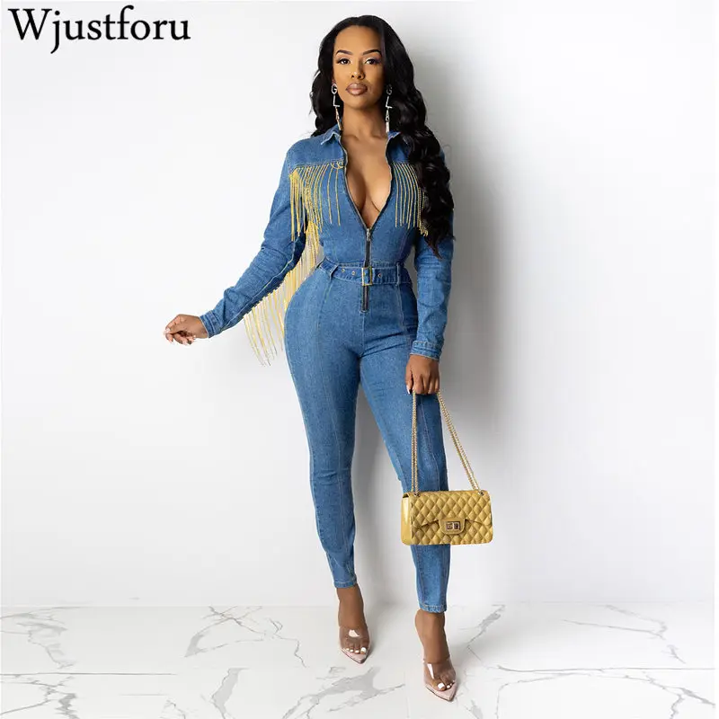 Wjustforu, обтягивающий джинсовый комбинезон с кисточками для женщин, облегающий джинсовый комбинезон с молнией на шее, облегающий женский комбинезон с длинным рукавом, Облегающий комбинезон