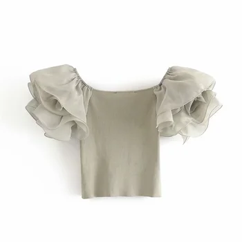 

2020 summer women's new fashion design niche French V-neck organza bubble short-sleeved exposed navel short knitted shirt