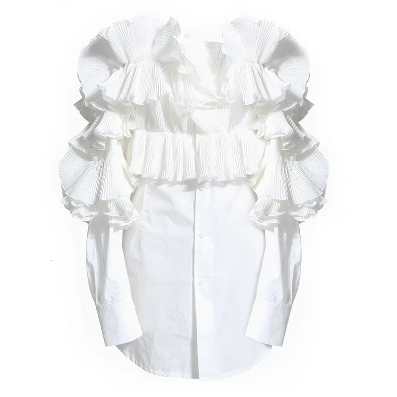 Fashion Tide New Autumn And Winter Ruffles Pleated Off The Shoulder Full Sleeves Single Breasted Cotton Shirt BLOUSE