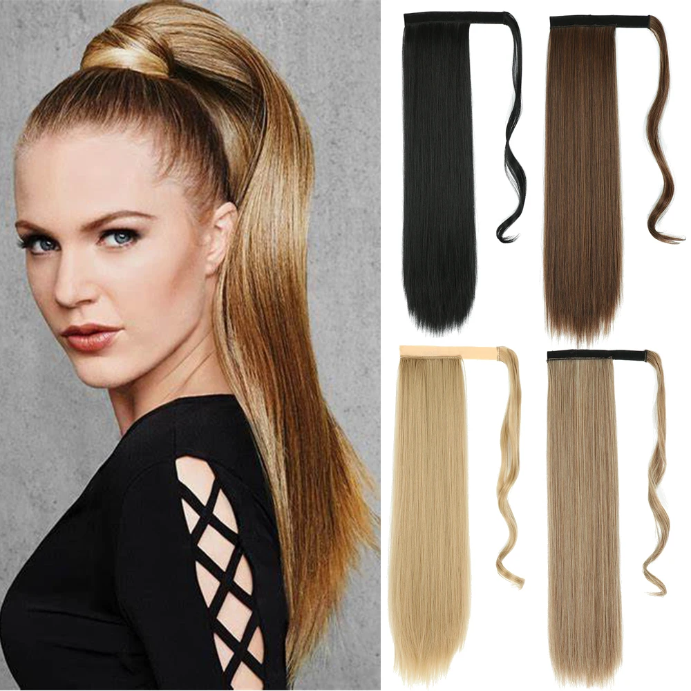AZIR Synthetic Long Straight Wrap Around Clip on Ponytail Hair Extension fake hair extensions Heat Resistant Pony Tail Fake Hair Brown Gray
