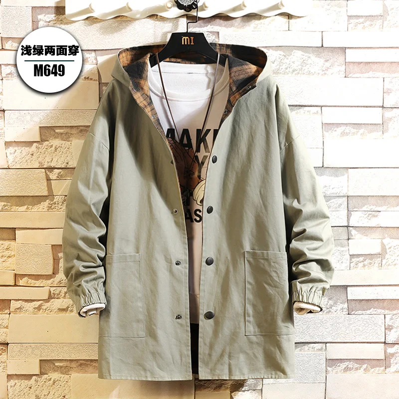 Теплые клетчатые куртки зимние мужские парки хлопок Японская уличная одежда хип хоп длинная куртка пальто Черная Военная мода ветровка 5XL - Цвет: Light Green