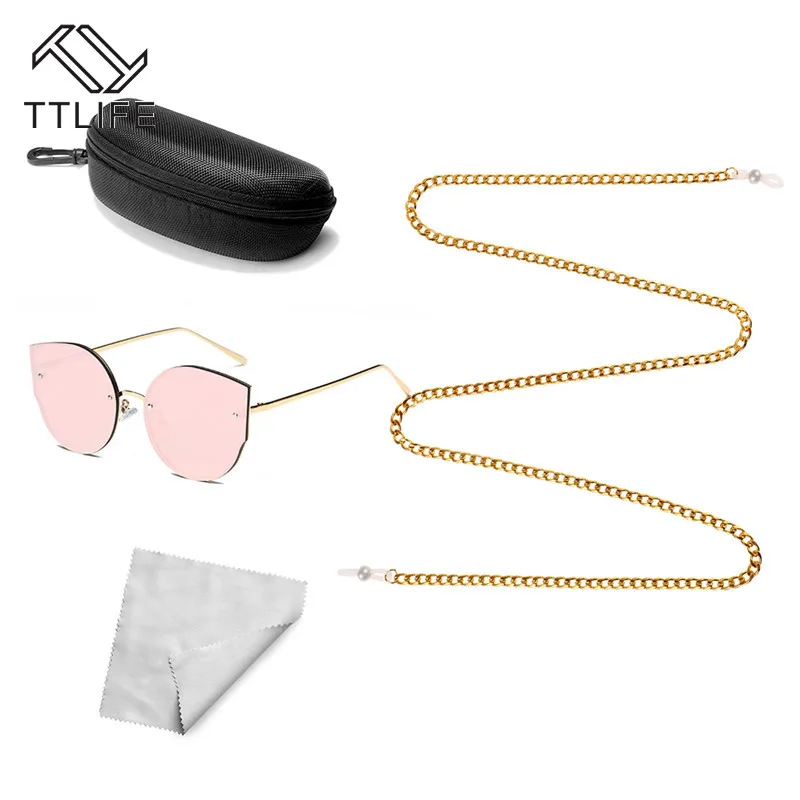 

TTLIFE Pink Women Sunglasses Brand Designer Glasses Chain Glasses Case Glasses Cloth Combination Special Big Discount YJHH0321