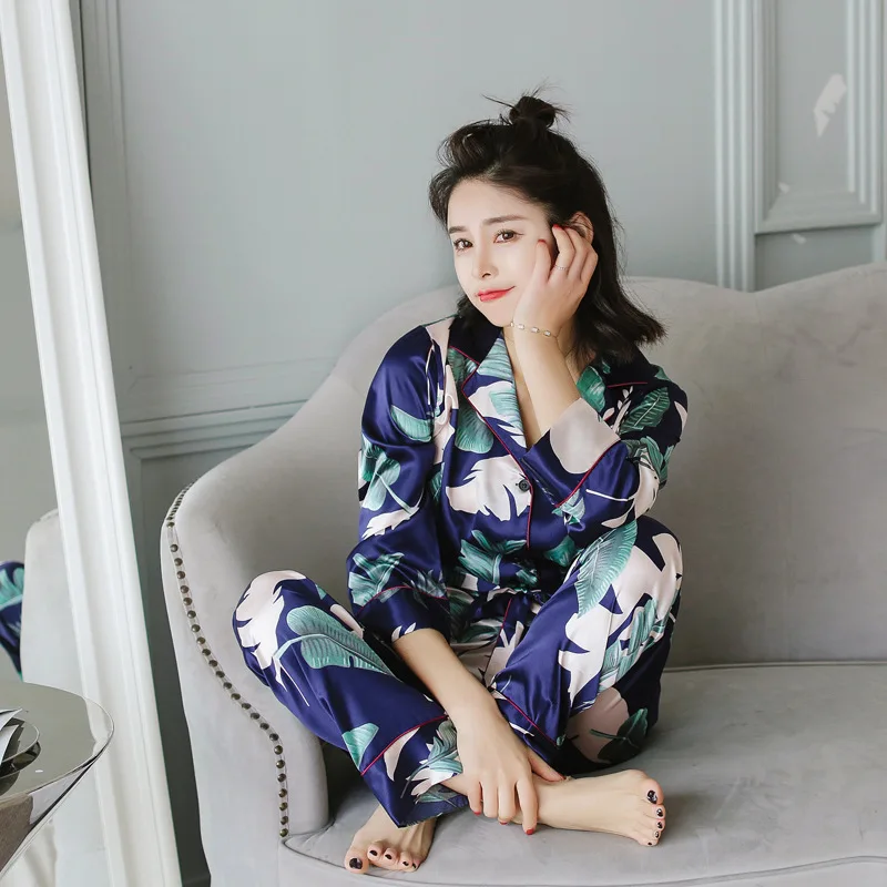 

Spring Printing Pattern Women Pajama Set Rayon Sleepwear Long Sleeve Trousers Two Paper Suit
