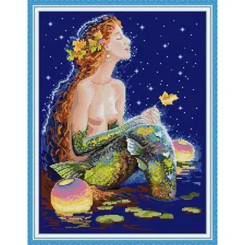 

Mermaid Under The Stars JoySunday Cross Stitch Kit Patterns 14CT 11CT Counted Printed Fabric Handmade Embroidery Needlework Sets