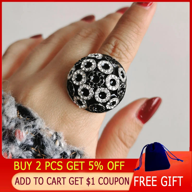 SINLEERY Unique Vintage Half Ball Round Black Enamel Big Rings Small Circles Cubic Zirconia Rings For Women Jewelry JZ169 SSO - Image 2