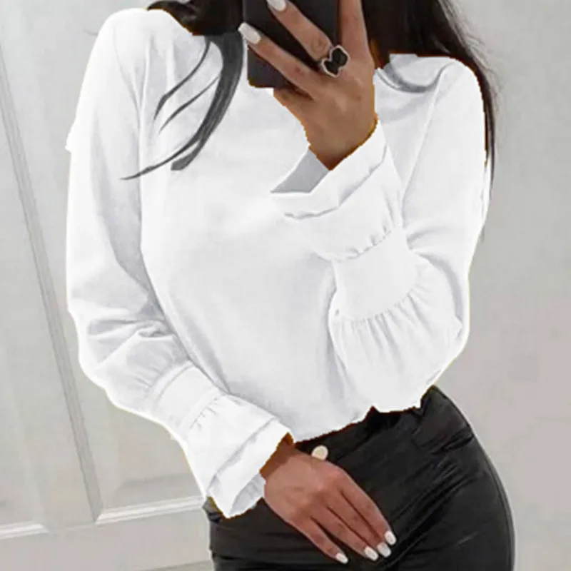 Женские блузки с круглым вырезом, яркая рубашка с длинным рукавом, однотонные женские рубашки, универсальные осенние женские топы, Элегантные повседневные белые рубашки G1051