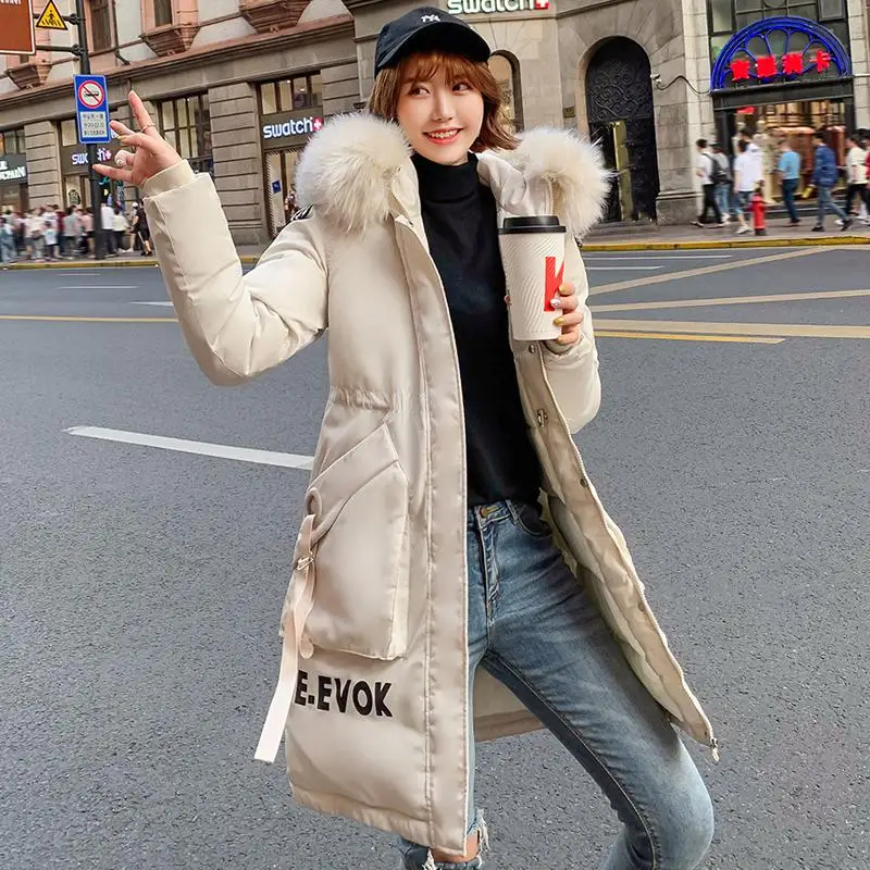 Zqlz, зимняя женская куртка, плюс размер, 3xl, тонкая, длинная, парка, Mujer,, модная, искусственный мех, воротник с капюшоном, пальто для женщин, толстые, теплые куртки - Цвет: Бежевый