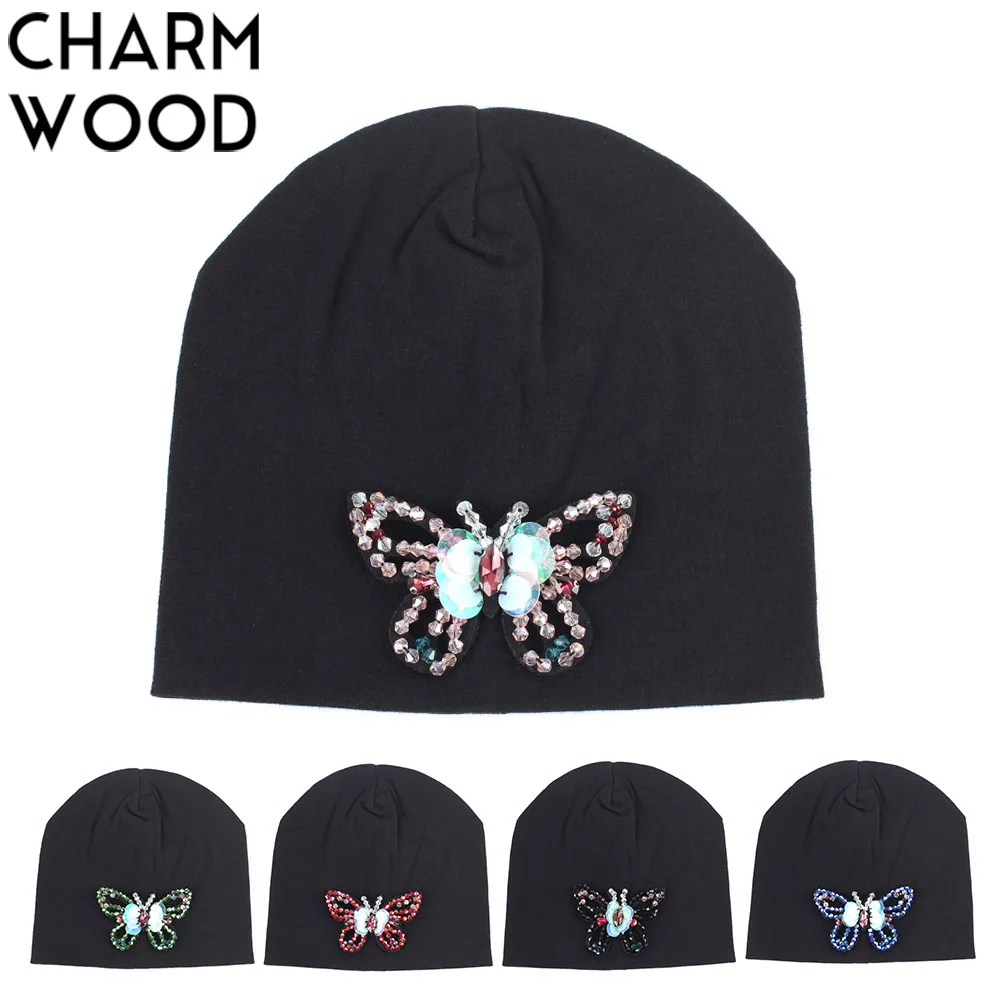 Rhinestone Butterfly Kids Beanies 0 3 Years Old Newborn Cotton Beanie