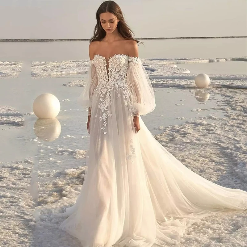

Vintage Beach Wedding Dress 2021 Puffy Sleeve Sweetheart Lace Bridal Gowns for Boho Weddings Summer Applique Trouwjurk