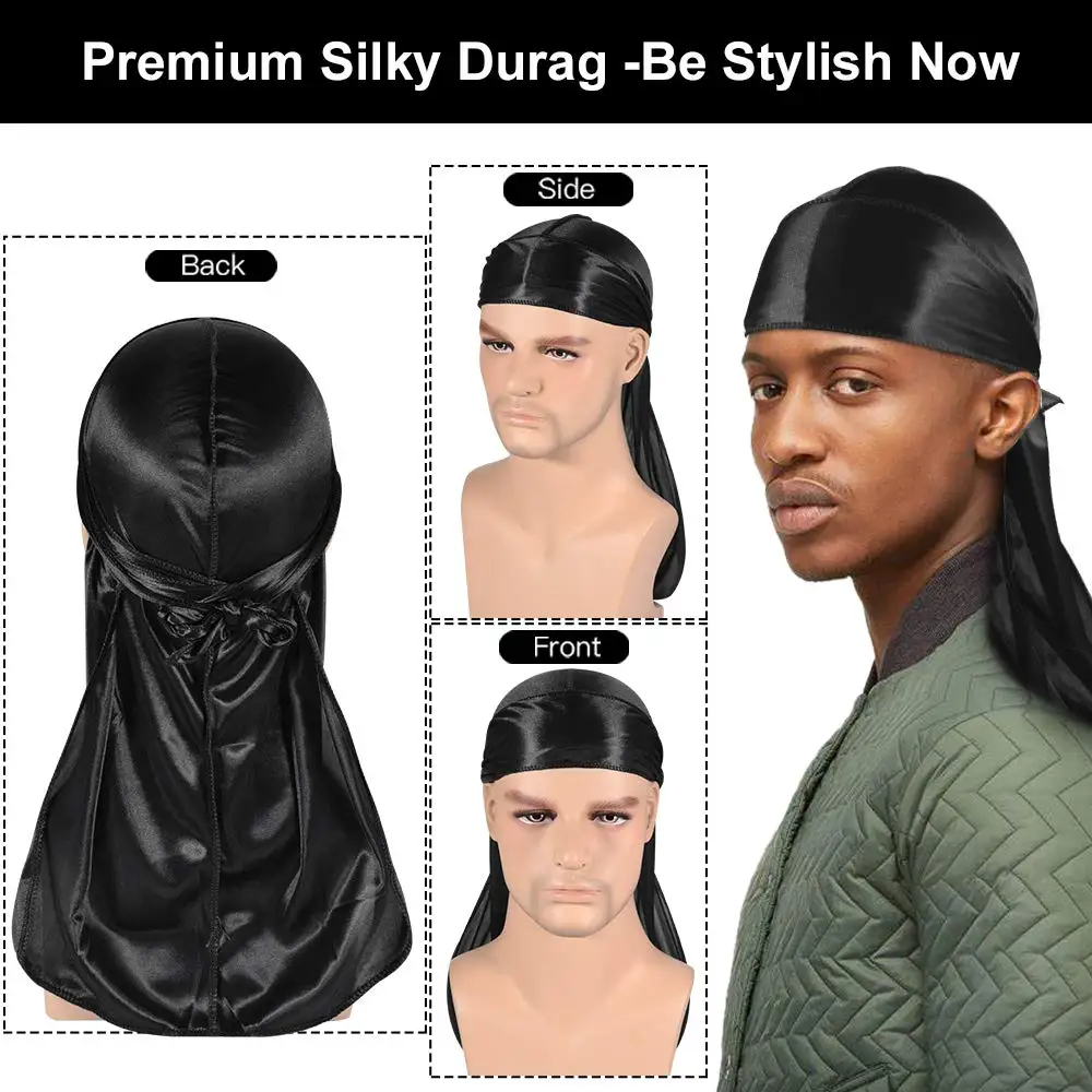 Solid Color Wave Caps With Durag for Men Headwear Soft Elastic Breathable Beanie Turban Cap Headwrap Bonnet Hair Accessories