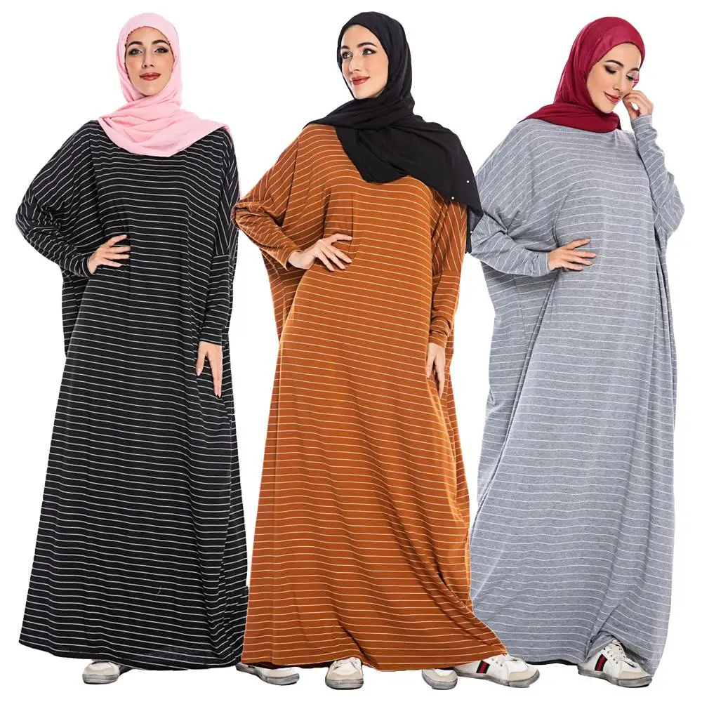 

Dubai Muslim Women Stripes Batwing Sleeve Abaya Loose Kaftan Farasha Casual Robe Islamic Gown Oversized 2019 Fashion Dress New