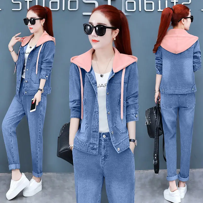 Fashion Hooded Denim 2 Piece Sets Women Outfit Spring Autumn Casual Long Sleeve Jean Jacket + Elastic Waist Jeans Fashion Suit