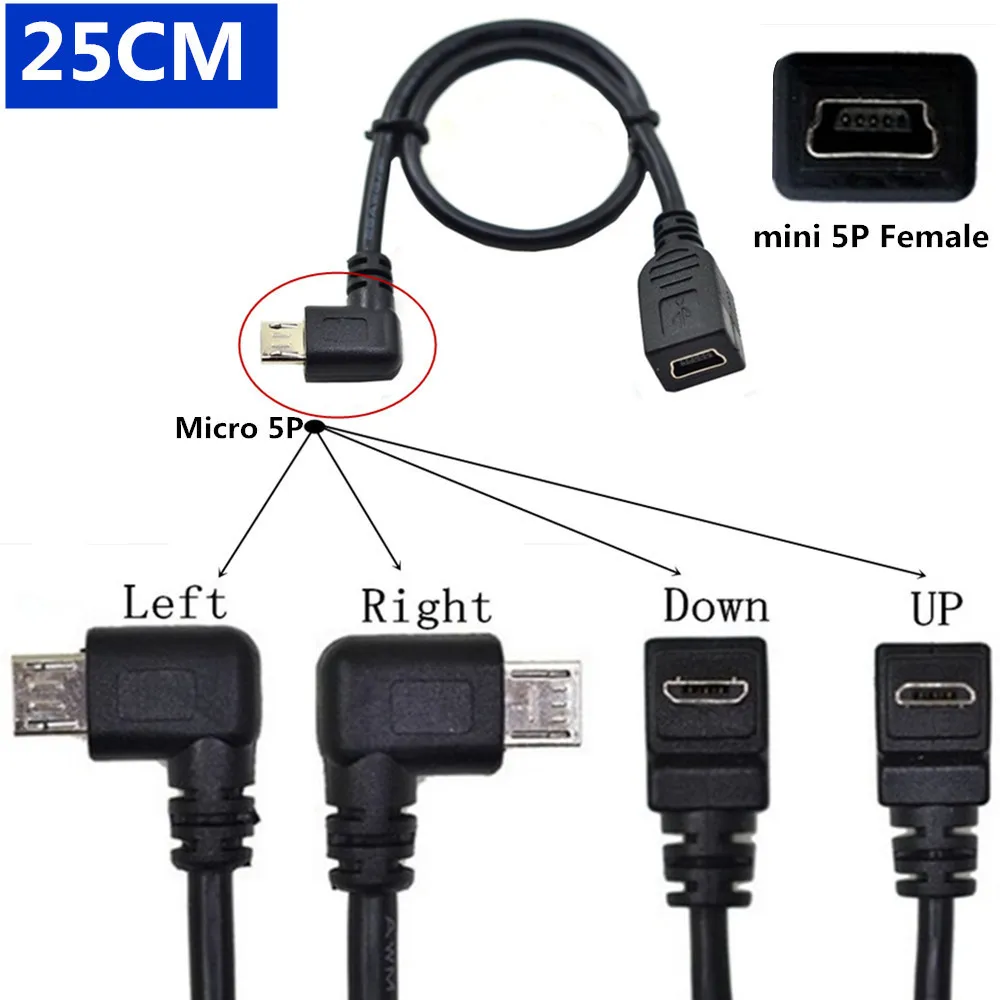 Cable Length: 25cm, Color: Black Cables 25cm USB 2.0 Mini 5 Pin A Female to Micro 5p Female Socket Short Adapter Cable 0.25m Cable Length: 25cm, Color: Black Cables 25cm USB 2.0 Mini 5 Pin A Female to Micro 5p Female Socket Short Adapter Cable 0.25m