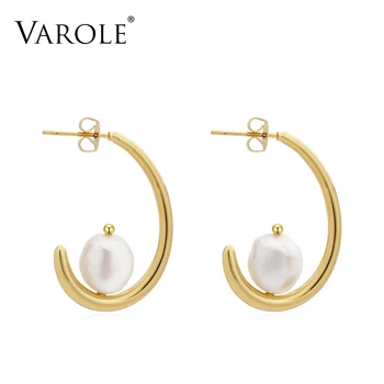 

VAROLE Hook Shape Earring Ear Studs Natural pearls Dangle Earrings Gold color Drop Earrings For Women Fashion Jewelry brinco