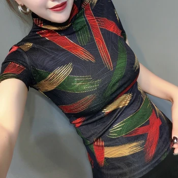 

2020 Spring Summer European Clothes Pleuche Print Bright Gold T-shirt Fashion Women Tops Ropa Mujer Bottoming Shirt Tees T02219