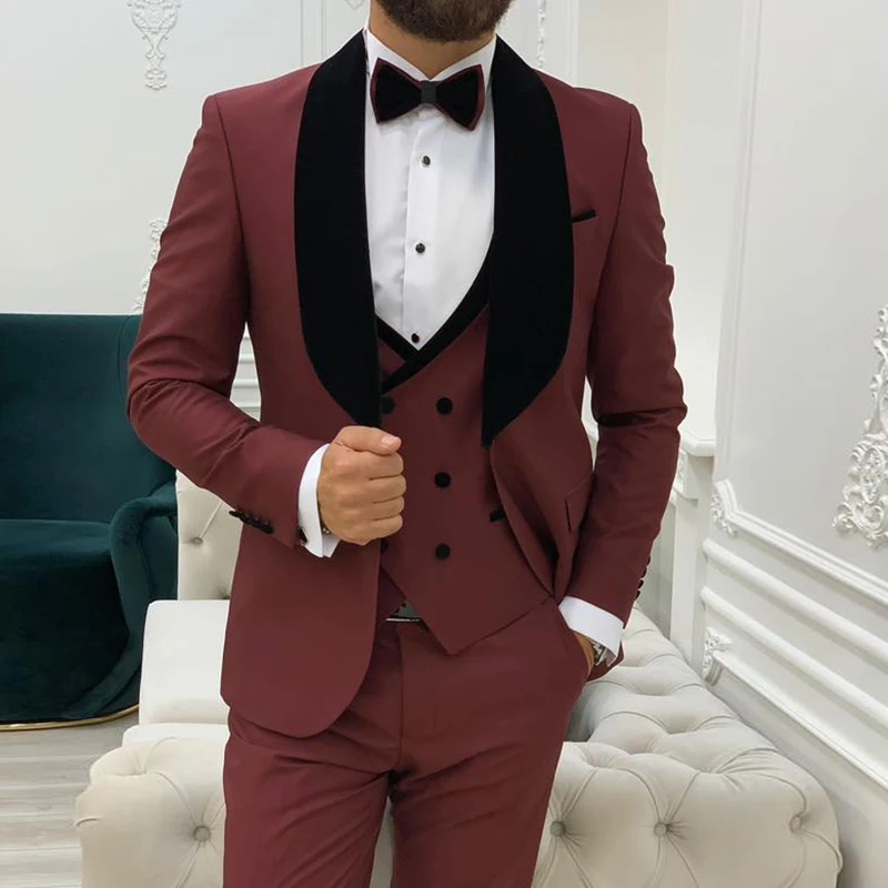Latest Wine Red Male Tailcoat Tuxedo Black Velvet Marriage Suit Set Slim Fit Best Man Groom Men's Blazer Vest Pants 3 Piece | Мужская