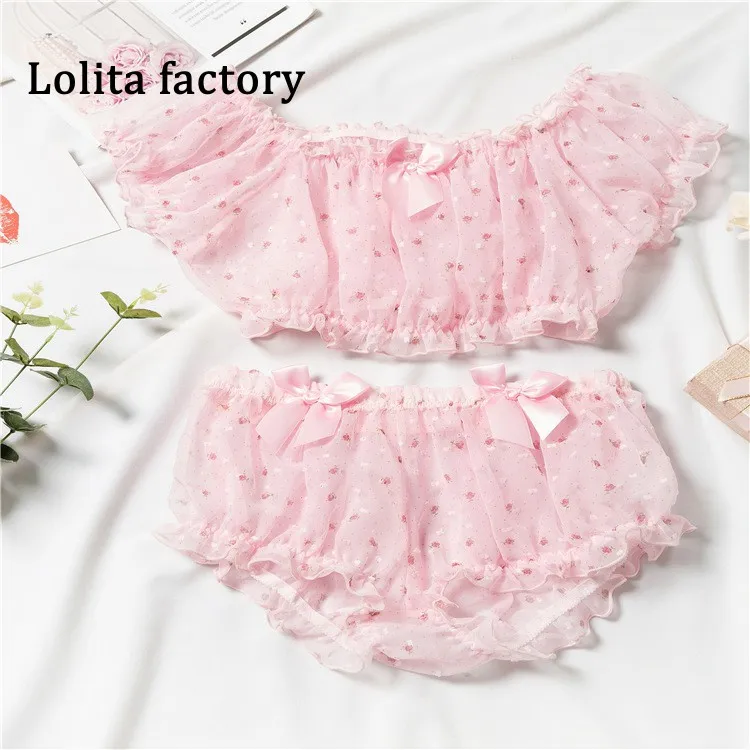 PINK Japanese girls' small fresh rural comfortable Chiffon yarn fairy bra set Underwear Suit Sexy Lovely Soft Girl Student Bra - Color: PINK