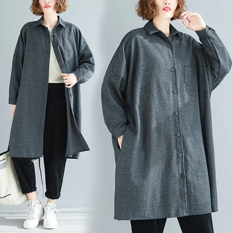 

Large Austrian Autumn And Winter New Products Korean-style Large Size Thousands of Birds Shirt Coat Loose-Fit Mid-length WOMEN'S