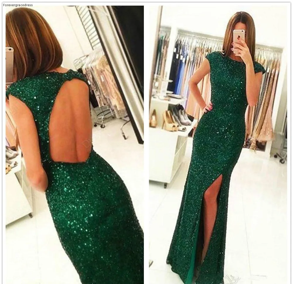 2018 New Dark Green Sequined Sheath Long Prom Dresses Split Hollow Back Floor Length Evening Gowns Formal Party Dresses 119 (2)