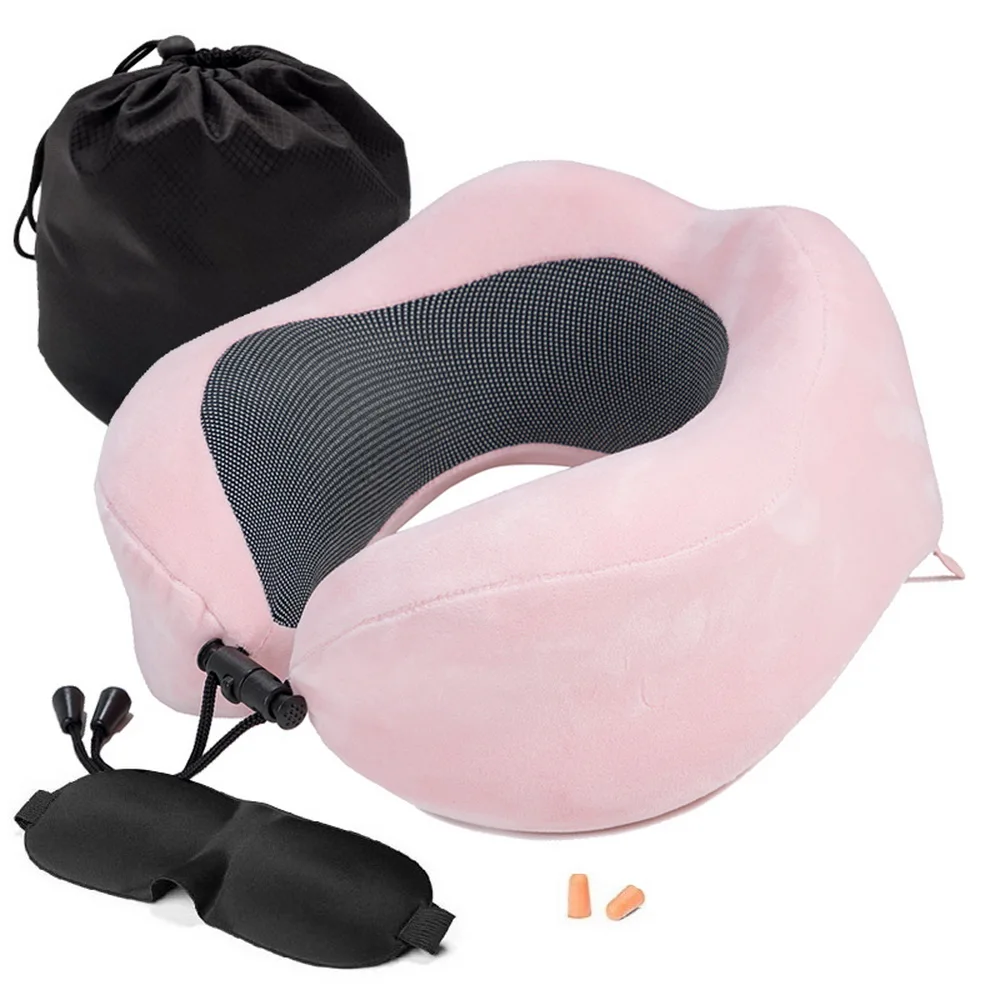 U-образные надувные подушки для путешествий на открытом воздухе, портативная подушка для шеи, складывающаяся медленная пена с эффектом памяти для поезда, самолета, Новинка - Цвет: Pink 27x27x13cm