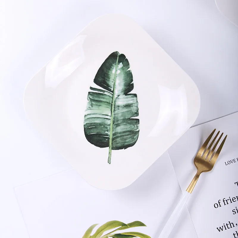 Northern European-Style INS Tableware Green Vegetation Ceramic Plate Creative Square Plate Bowl Dish& Plate Set Household Weste