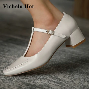 

Vichelo Hot vintage style fashion natural leather square toe med heel buckle strap solid beauty lady daily wear women pumps L06