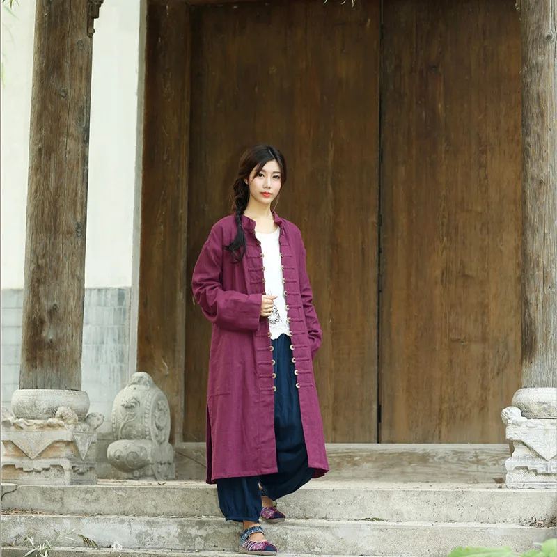 

Ma fan bu yi New Style Nation Solid Color WOMEN'S Dress Cotton Linen Thick Version Copper Coins Cardigan Coat Mid-length Women W
