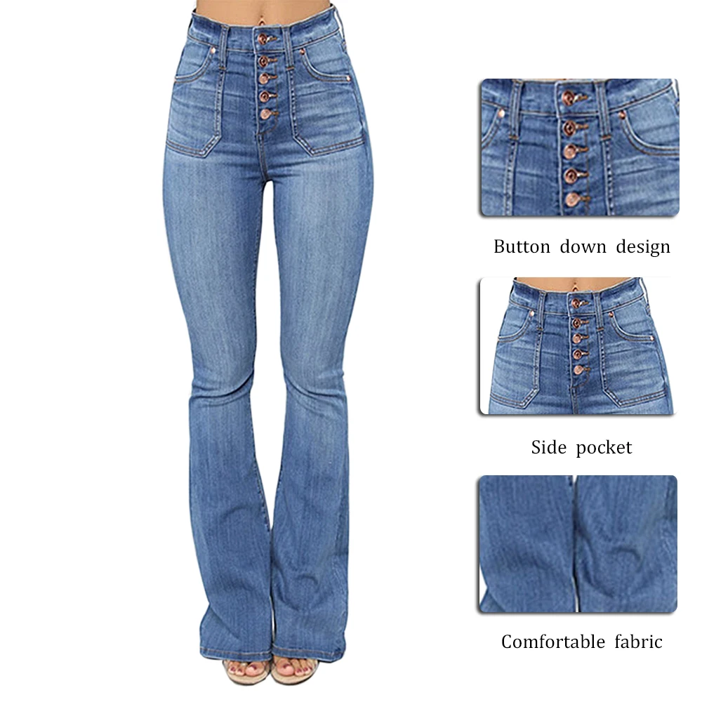 Fashion Women Denim Pants Autumn Button Casual Jeans Flared Trousers Long Ladies High Waist Jeans Wide Leg Women Jeans