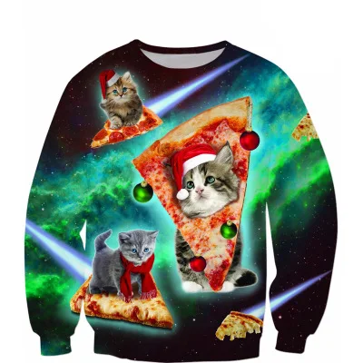 Уродливый Рождественский свитер с 3D космическим галактическим котом, джемпер для мужчин и женщин, с круглым вырезом, с длинным рукавом, с капюшоном, топы, пуловер, толстовка, толстовка - Цвет: Size O
