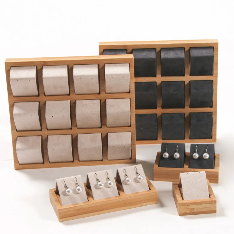 Fashion Wooden Beads Organizer Box Wedding Earring holder Beige Velvet Wood Tray Velvet Necklace Box Jewelry Display Stand photo