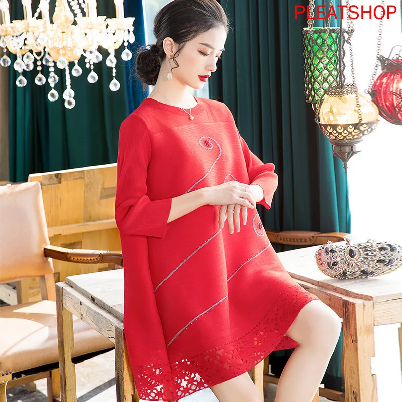 

Red Large Size Beads Embroidery Dress 2020 Spring Clothing New Style WOMEN'S MIYAKE Dress Mid-length Loose-Fit A- line dress