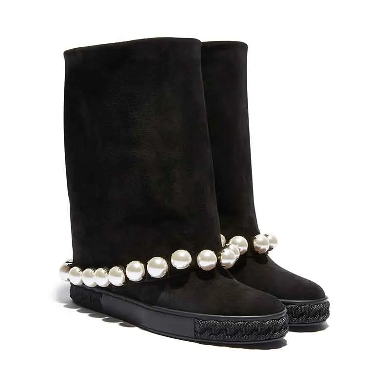 

INS woman pearls beading Inner-increasing mid-boots inner hidden wedge heel rubber sole black suede woman Roman boot