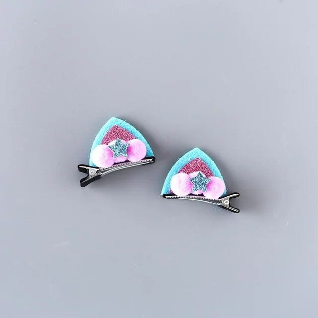 2pcs/Set Cute Hair Clips For Girls Glitter Rainbow Felt Fabric Flowers Hairpins Cat Ears Bunny Barrettes Kids Hair Accessories Blue Ball
