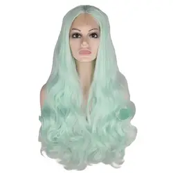 QQXCAIW синтетический парик с кружевом спереди для женщин мятный зеленый бесклеевой 26 дюймов длинные натуральные волнистые термостойкие