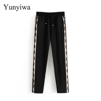 

2020 Women Stylish Side Striped Lace Patchwork Pants Female Elastic Waist Casual Pockets Trousers Office Pantalones Mujer