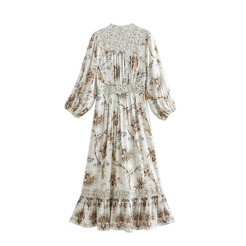 

2019 Spring Europe And America WOMEN'S Dress New Style Holiday V-neck Waist Hugging Design Printed Scheming Dress 6177